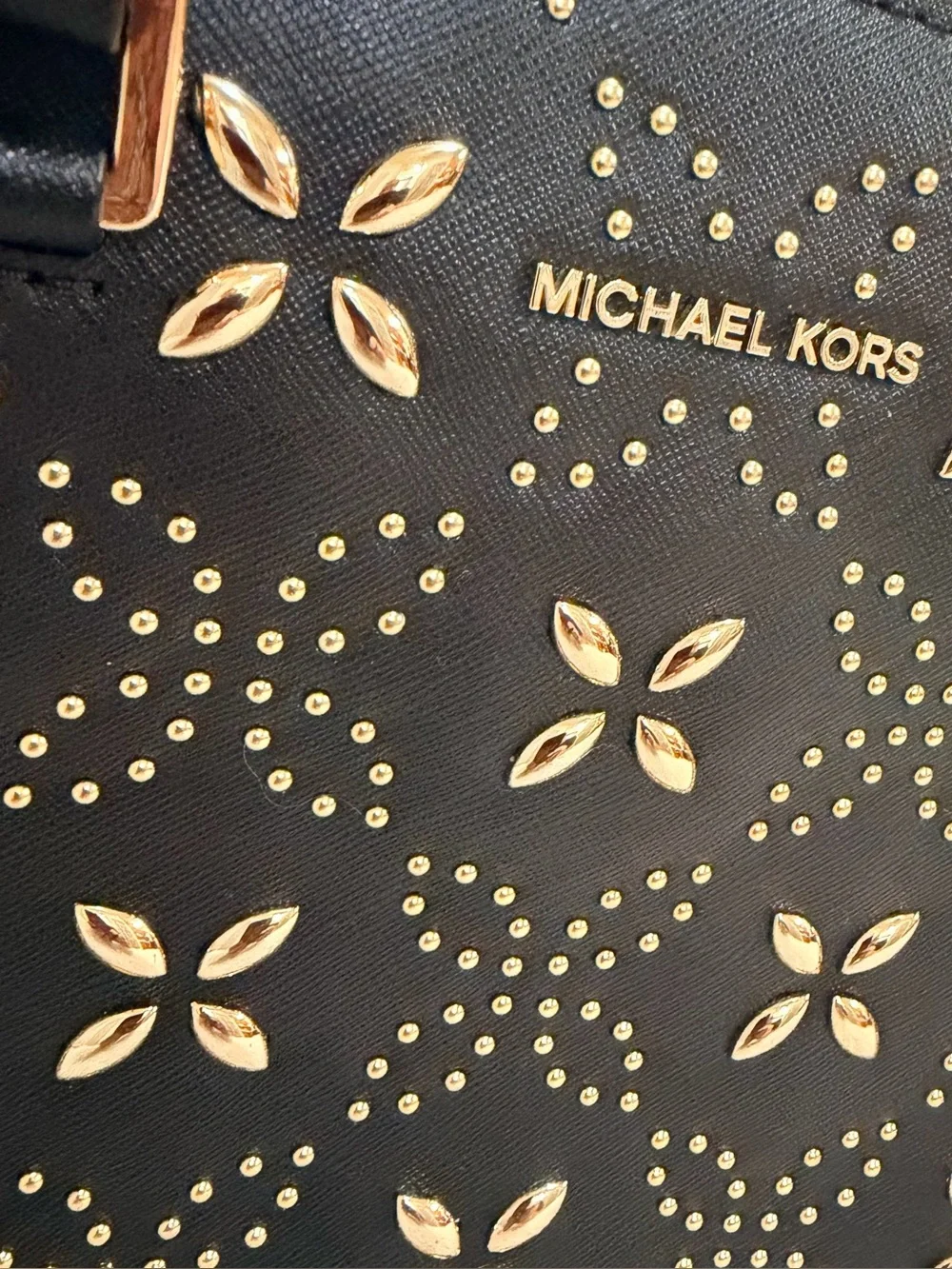 Michael Kors Selma Medium Studded Floral Satchel In Black Saffiano Leather